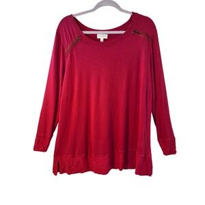 Molly & Isadora Womens 1X Red Shoulder Zip Long Sleeve Sweatshirt Tunic Slits